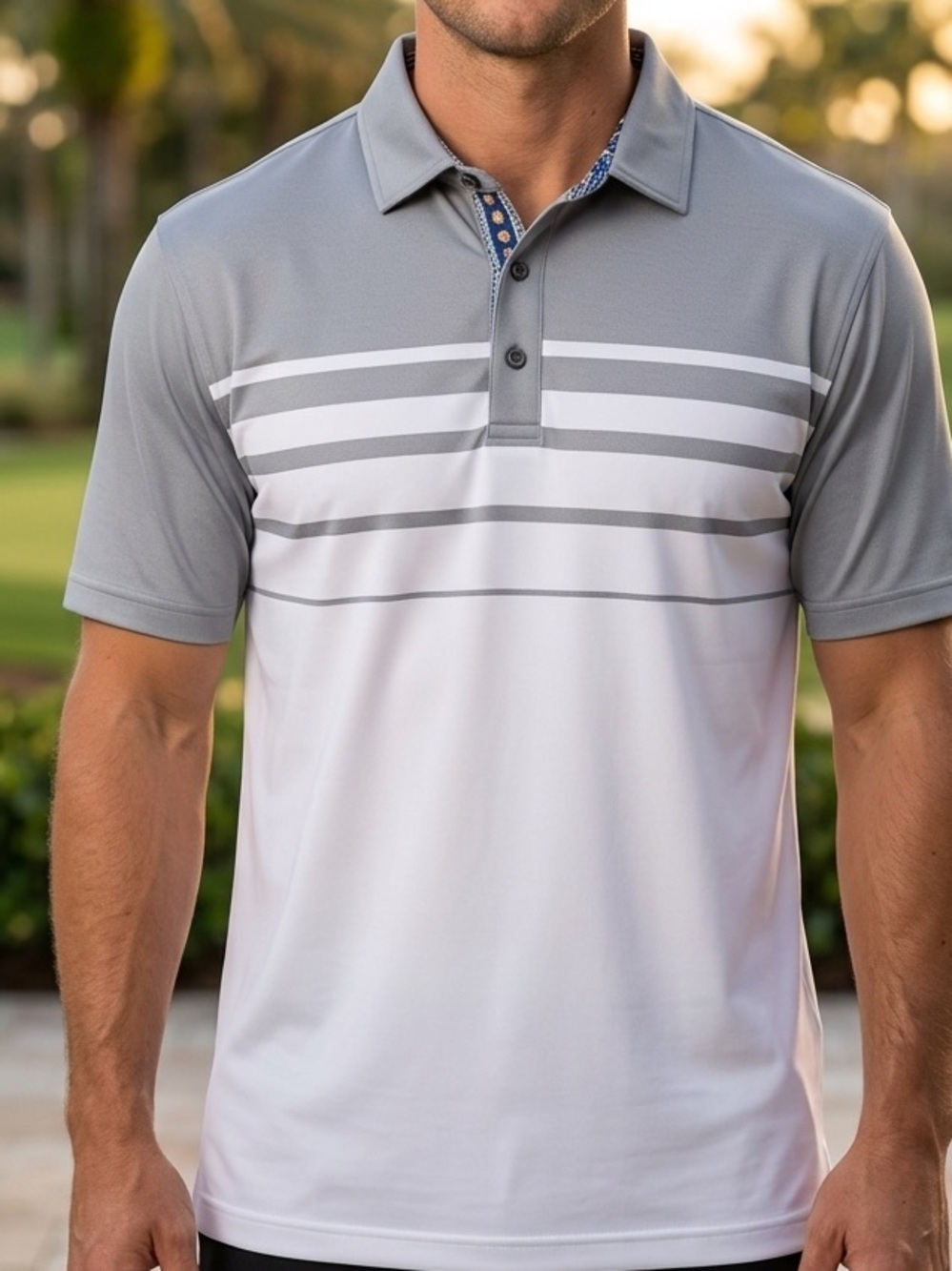 Grey & White Striped Golf Polo Shirt - Classic Performance